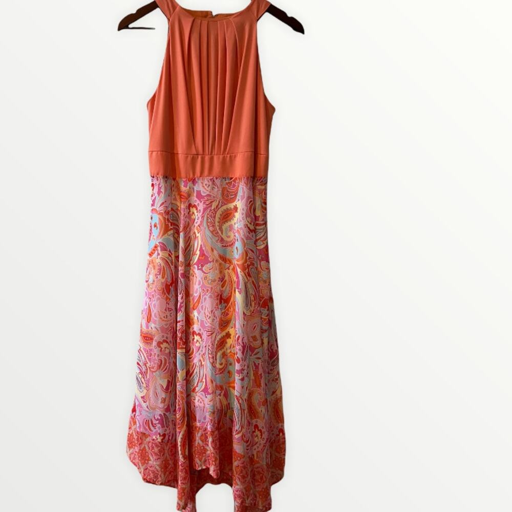 Sandra Darren Paisley Print Handkerchief Hem Maxi Dress Apricot